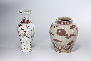 Two Chinese Red and White Glazed Ceramics