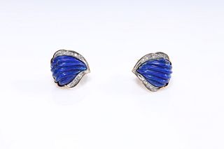 Pair 14K Yellow Gold, Carved Lapis and Diamond Earrings