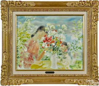Le Pho (French/Vietnamese 1907-2001), oil on canvas of a woman and child with a bouquet, signed
