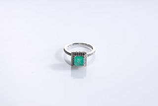 14K White Gold, Emerald and Diamond Ring
