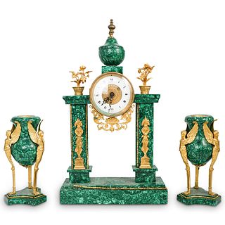 French Empire Malachite & Gilt Bronze Clock Garniture Set