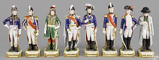 Set of eight German porcelain Napoleonic figures, by Scheibe Alsbach, titled Murat, Bertrand