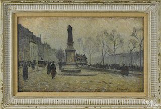 Louis Braquaval (French 1856-1919), oil on canvas street scene, signed lower right, 13'' x 21 3/4''.