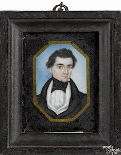 Miniature watercolor on ivory portrait of a gentleman, 19th c., 4'' x 3''.