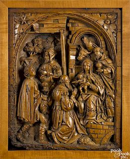 German relief carved plaque of the Holy Family, 18th c., 19'' x 15 1/4''