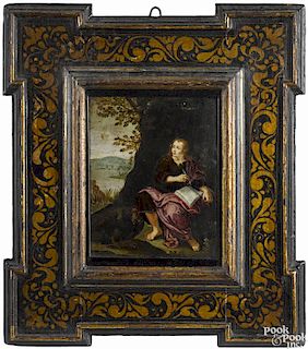 Early Italian renaissance oil on board portrait of John the Evangelist, 17th/18th c., 7 1/2'' x 6''.