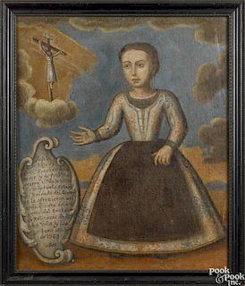 Spanish colonial oil on canvas portrait of a young girl, dated 1763, inscribed Angela Sanchez