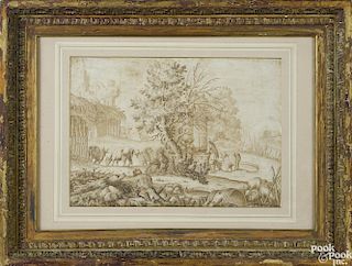 Italian Old Masters ink drawing, 17th c., of figures by a well, 10 1/2'' x 15''.