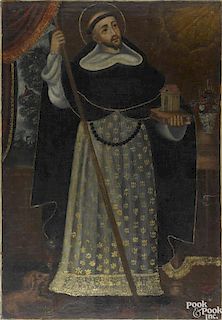 Spanish colonial oil on canvas portrait of a Saint, 18th c., 45 1/2'' x 31''.