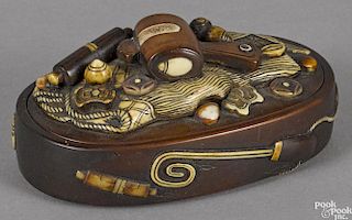Japanese Meiji period carved boxwood and ivory mounted dresser box, 3 7/8'' l.
