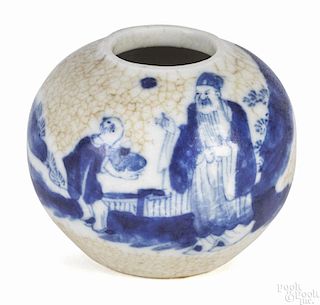 Chinese blue and white porcelain vase depicting a scholar and attendant, marked on base, 2 3/4'' h.