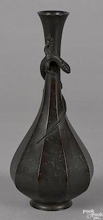 Japanese Meiji period patinated bronze vase with applied lizard, signed on base, 10 1/2'' h.