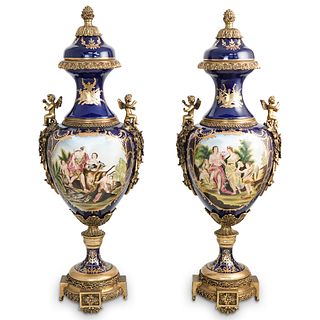 Pair Of Sevres Style Porcelain Urns