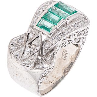 RING WITH EMERALDS AND DIAMONDS IN PALLADIUM SILVER 4 Rectangular cut emeralds ~0.80 ct and 21 8x8 cut diamonds ~0.20 ct