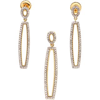SET OF PENDANT AND PAIR OF EARRINGS WITH DIAMONDS IN 14K YELLOW GOLD 191 8x8 cut diamonds ~0.55 ct. Weight: 3.8 g