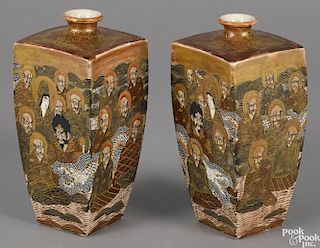 Pair of Japanese Satsuma canister-form vases, early 20th c., with 1,000 faces decoration, 8 3/4'' h.