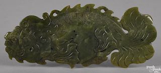 Chinese carved spinach jade fish pendant, 6 7/8'' l.