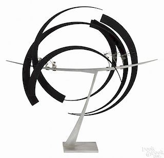 Jerome Kirk (American, b. 1923), aluminum and steel wire kinetic sculpture, signed on base, 34'' h.
