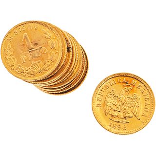 THIRTEEN 21.6K YELLOW GOLD COINS 1 MXN in national gold. Total weight: 21.6 g