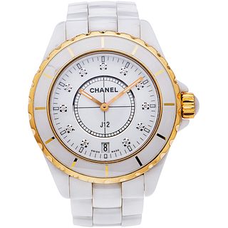 CHANEL J12 WATCH WITH DIAMONDS IN CERAMIC, STEEL AND 18K YELLOW GOLD Movement: quartz
