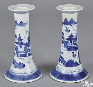 Pair of Chinese export porcelain Canton candlesticks, 19th c., 8'' h.
