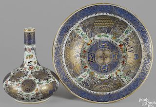 Chinese export porcelain water bottle and basin, 19th c., with clobbered decoration