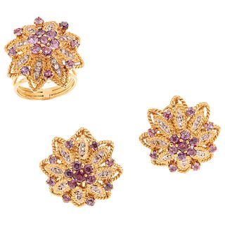 SET OF RING AND PAIR OF EARRINGS WITH RUBIES AND DIAMONDS IN 18K YELLOW GOLD 44 Round cut rubies ~ 2.50 ct and 72 diamonds