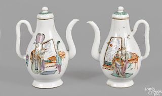 Pair of Chinese export famille rose teapots, 18th/19th c., with figural decoration, 6'' h.