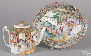 Chinese export porcelain rose Canton teapot and serving dish, 19th c., teapot - 5 3/4'' h.