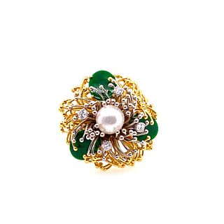 1970Õs Platinum 18k Pearl, Imperial Jade Jadeite, Diamond Ring