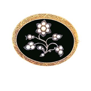 14k Victorian Onyx Flower Pearl Locket Brooch