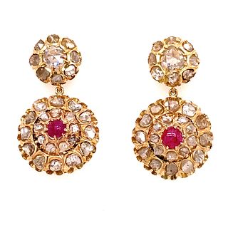 18k Georgian Portugus Rose Cut Diamond Ruby EarringsÊ