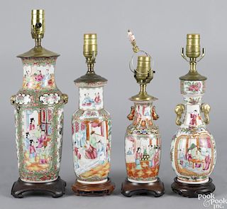 Four Chinese export porcelain famille rose table lamps, 19th c., overall tallest - 18".