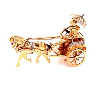18k Diamond Horse Carriage Brooch
