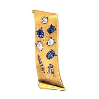 Art Nouveau 18k Diamond Sapphire Bar Brooch