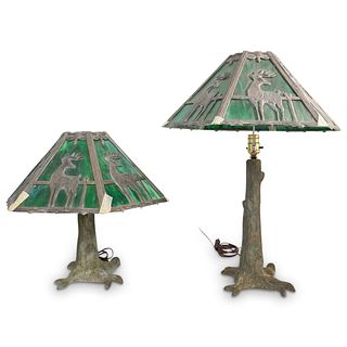 Pair of Figural Deer Slag Glass Lamps