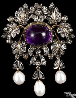 Antique amethyst, diamond and pearl brooch, yellow gold and silver encrusted with rose cut diamonds