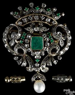 Emerald and diamond brooch, yellow gold and silver encrusted with rose cut diamonds