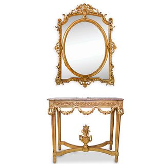 Antique Marble and Wood Console and Mirror