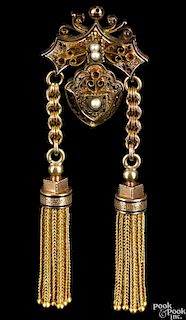 Victorian yellow gold and pearl watch pin with black line tracery, tassels, and three pearls