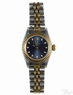 Lady's Rolex Oyster Perpetual Date wristwatch with a blue dial and a two-tone band