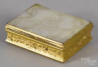 Continental gilt and mother of pearl dresser box, 18th/19th c., with a fitted interior and brush.