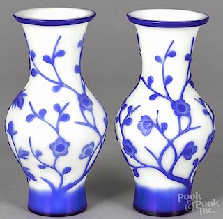 Pair of Chinese blue and white glass vases with floral decoration, 8 1/4'' h.