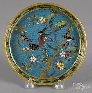 Chinese cloisonné dish with bird and floral decoration, 5 1/2'' dia.