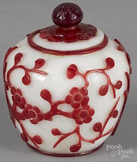 Chinese red and white glass jar and cover, 3 3/8'' h.