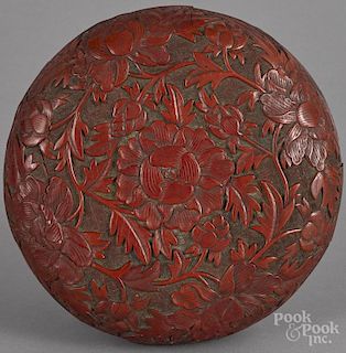 Chinese Qing dynasty cinnabar box and cover, 2 1/2'' h., 6 1/4'' w.