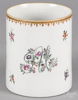 Chinese export porcelain mug, late 18th c., with a monogram and floral sprays, 5 1/8'' h.