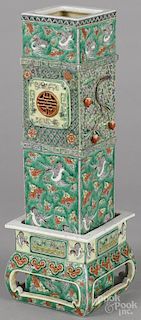 Chinese famille verte porcelain vase, 19th c., 18'' h., with an openwork stand.