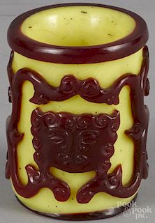 Chinese red and yellow glass brush pot, late 18th c., with chilong decoration, 4'' h.