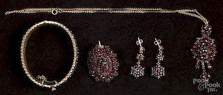 Garnet cluster jewelry with vermeil settings, to include a hinged bangle, a brooch